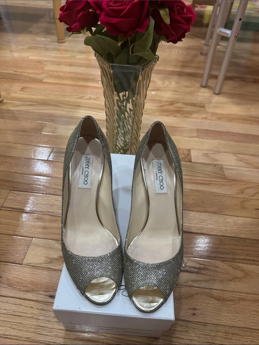 Jimmy Choo Gold Glitter Peep-Toe Heels
